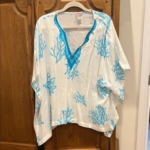 Chico's White and Blue Coral Print Tunic